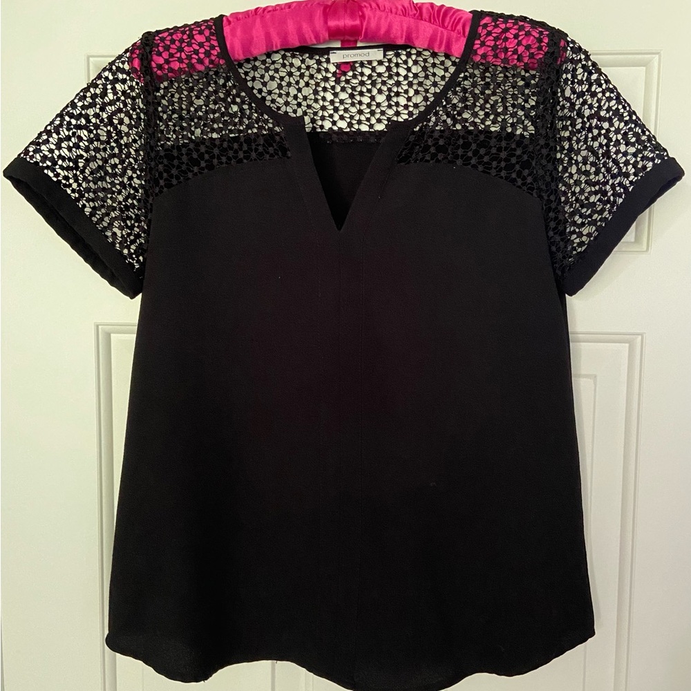 PROMOD Black Crepe Blouse with Open Lace Detail - EUC
